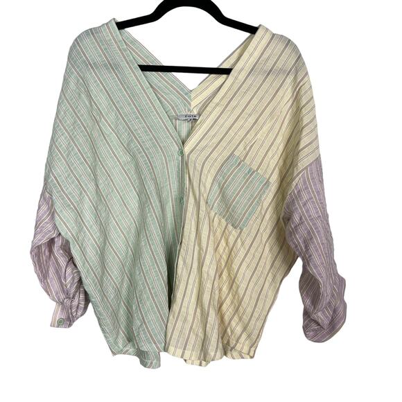 Fate Small S Yellow Green Pink Striped Button Down Shirt Patchwork V Neck V Back - Picture 1 of 10